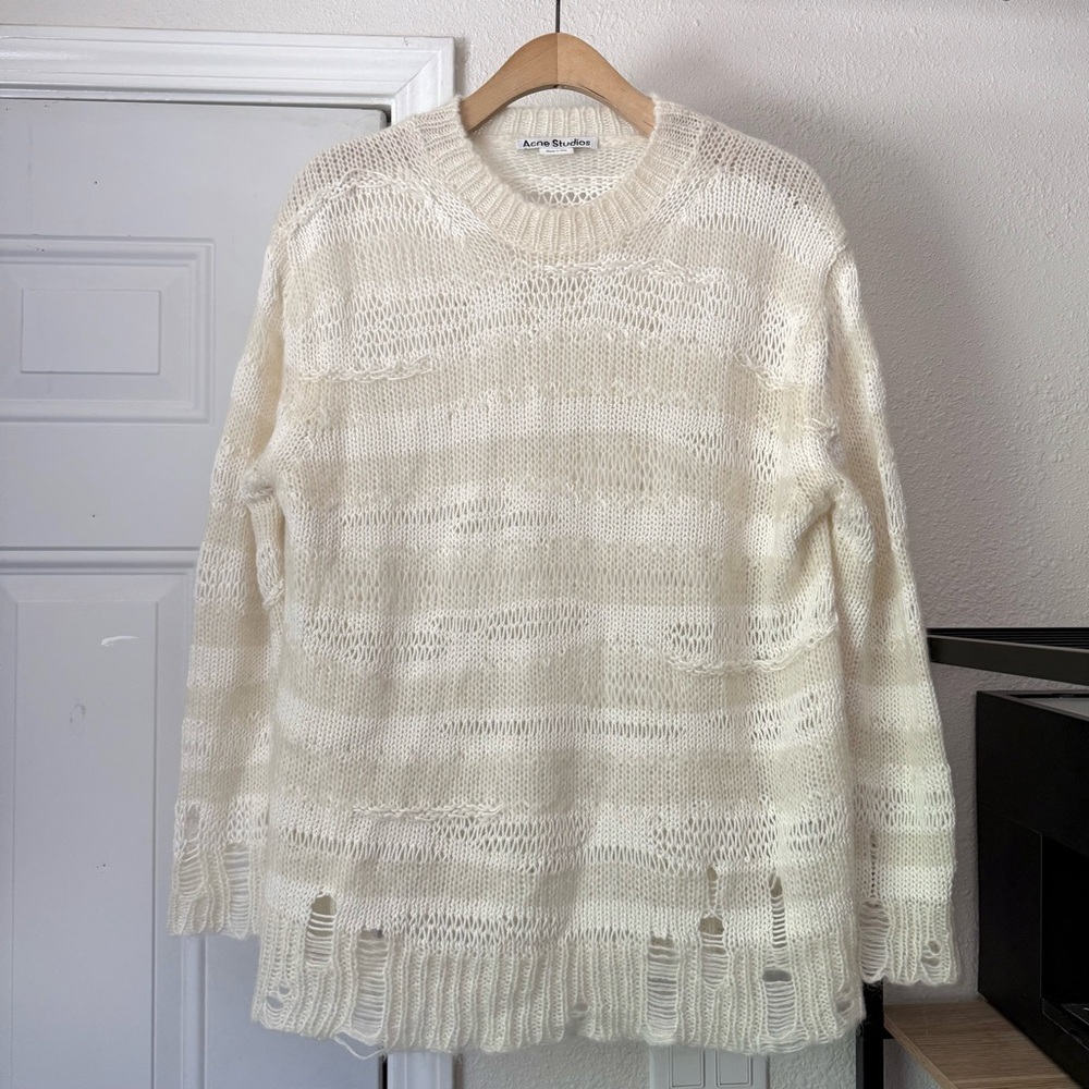 Acne Studios cream‎ distressed open knit crochet pullover sweater